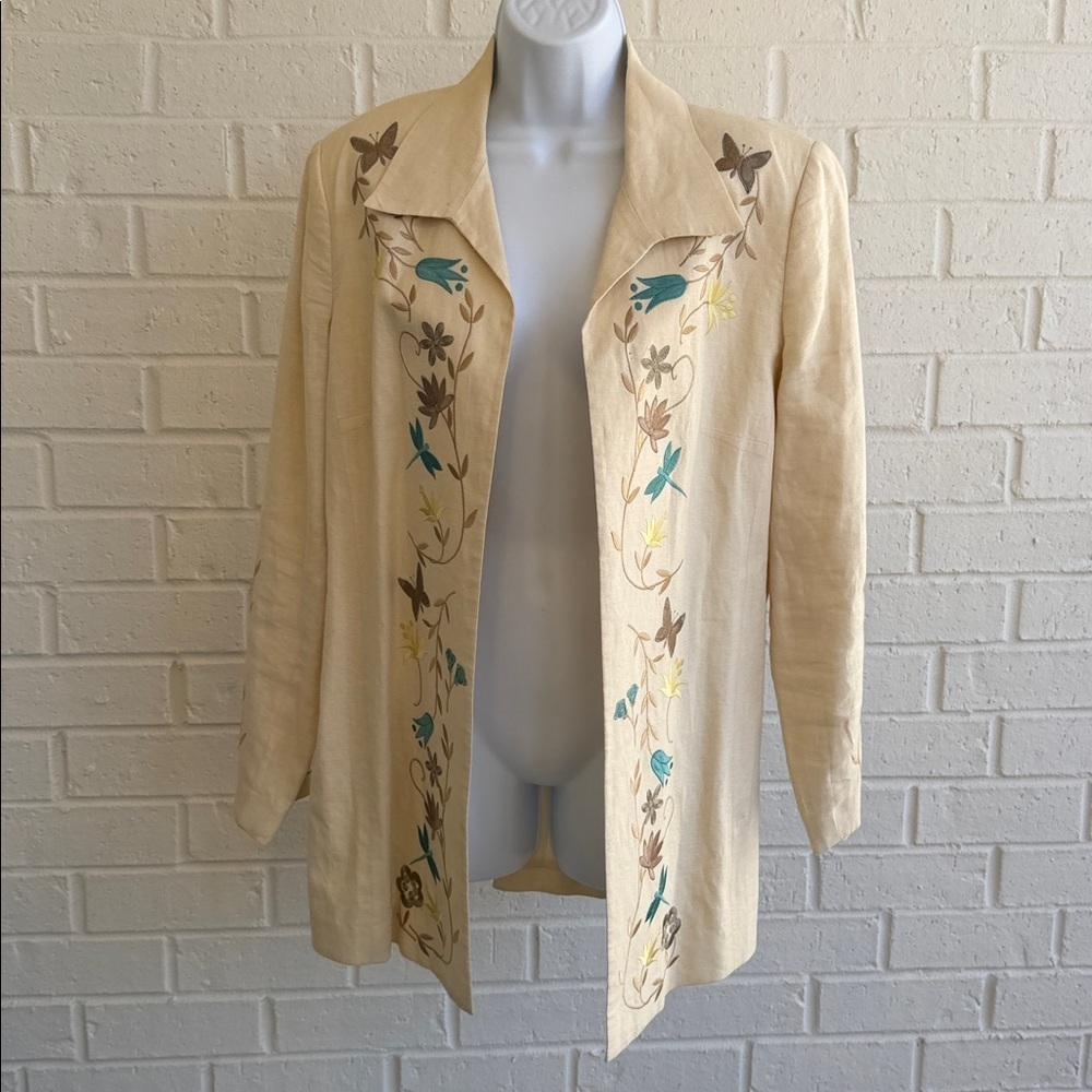 Vtg Pursuits Ltd Ivory Linen Open Front Jacket Embroidered flowers Butterflies12